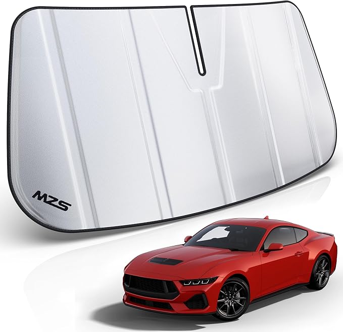 MZS Windshield Sun Shade Compatible with Mustang 2024 2025 2026, Foldable Car Sun Shade Shield with Storage Pouch, Front Window Visor Sunshade Accessories for Interior Protector
