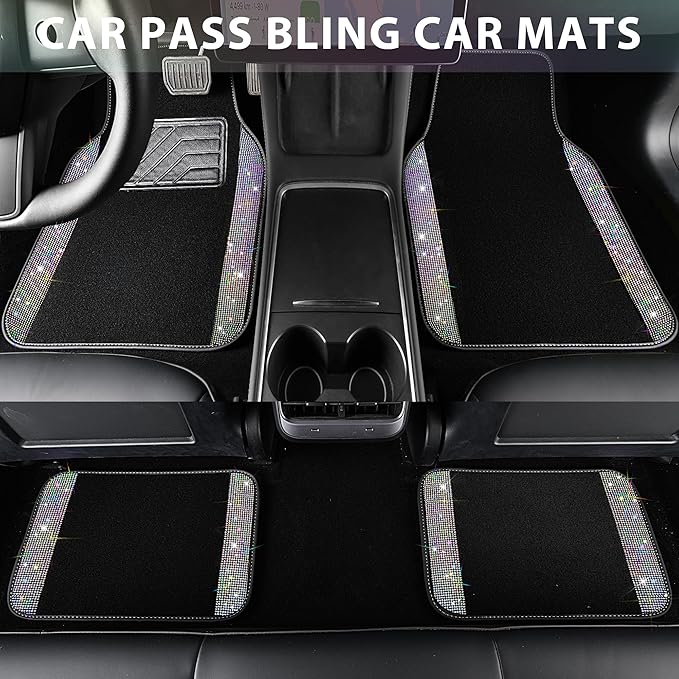 CAR PASS Iridescent Bling Rhinestones Diamond Car Floor Mats Waterproof, Anti-Slip PVC Heel Pad, Universal for Automotive SUV,Sedan,Van,4pcs Girl Women Lady Sparkly Shining Multicolor Colorful Crystal