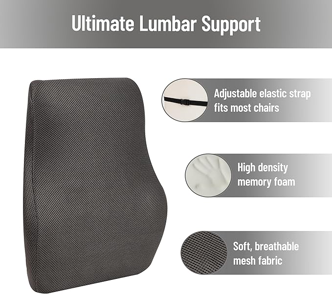 Mind Reader Air-Cloud Lumbar Cushion, Ergonomic Memory Foam Back Support Pillow for Office Chairs, Recliners, and Car Seats, Chiropractor-Recommended, Gray