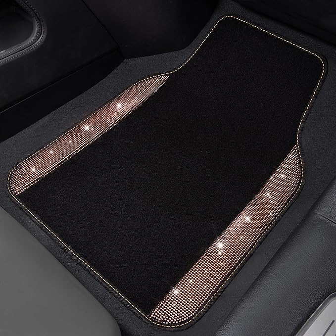 CAR PASS Bling Rhinestone Diamond Car Floor Mat, Crystal Sparkly Shining Glitter Carpet Waterproof Anti-Slip PVC Heel Pad, Universal for Interior Auto SUV,Sedan,Van,4pcs Girl Women Men, Champagne Gold