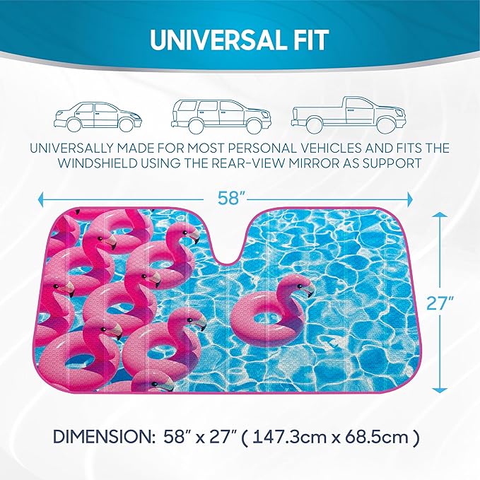 BDK Pink Flamingo Floatie Front Windshield Sunshade Accordion Folding Style Auto Shade for Car Truck SUV Van Blocks UV Rays Sun Visor Protector Easy Setup Keeps Your Vehicle Cool - 58 x 27 inches