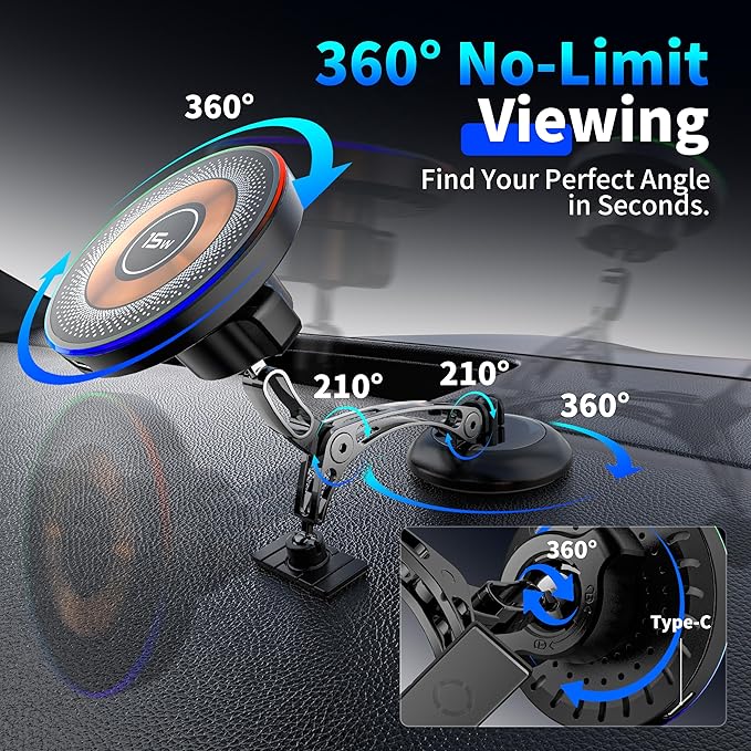 Magnetic Phone Holders for Your Car, 15W Fast Charging Car Charger, 2 in 1 Wireless Mag Safe Car Mount Stick on Dashboard Windshield, Car Accessories for iPhone 17/16/15/14/13/12 Series