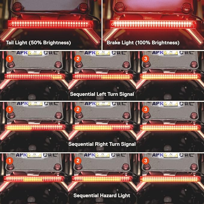 TRUE MODS 1pc 8" LED Motorcycle Turn Signal & Brake Taillight Strip [Waterproof] [Dual Row] [RED Tail & Brake] [AMBER Sequential Blinker] Self Adhesive Surface Mount Flexible Lamp for ATV Dirt Bike