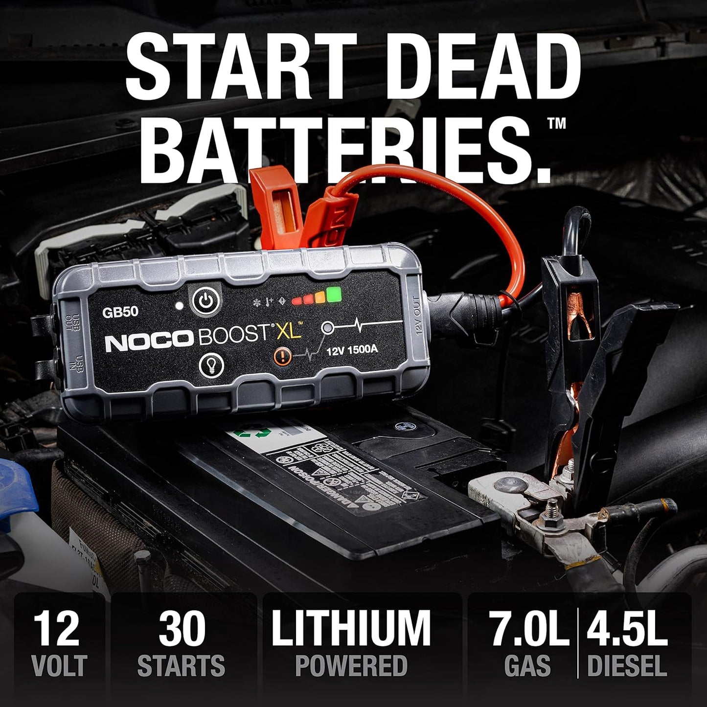 NOCO Boost GB50: 1500A UltraSafe Jump Starter – 12V Lithium Battery Booster Pack, Portable Jump Box, Power Bank & Jumper Cables - for 7.0L Gas and 4.5L Diesel Engines