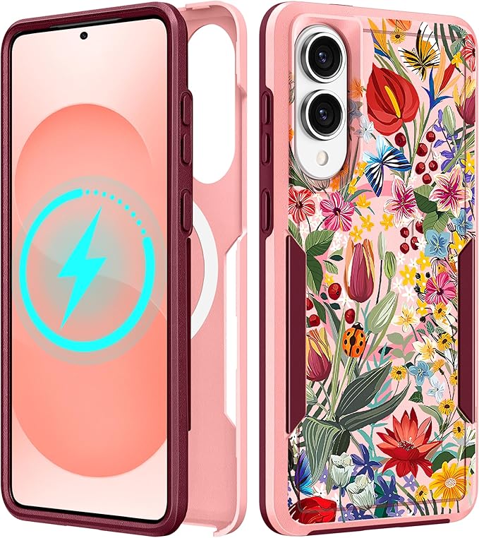 for Samsung Galaxy S25 Edge Case - Compatible with MagSafe Women Girls Cute Magnetic Protective Phone Cover Girly Floral Flowers Heavy Duty Shockproof Design for Samsung S25 Edge Case