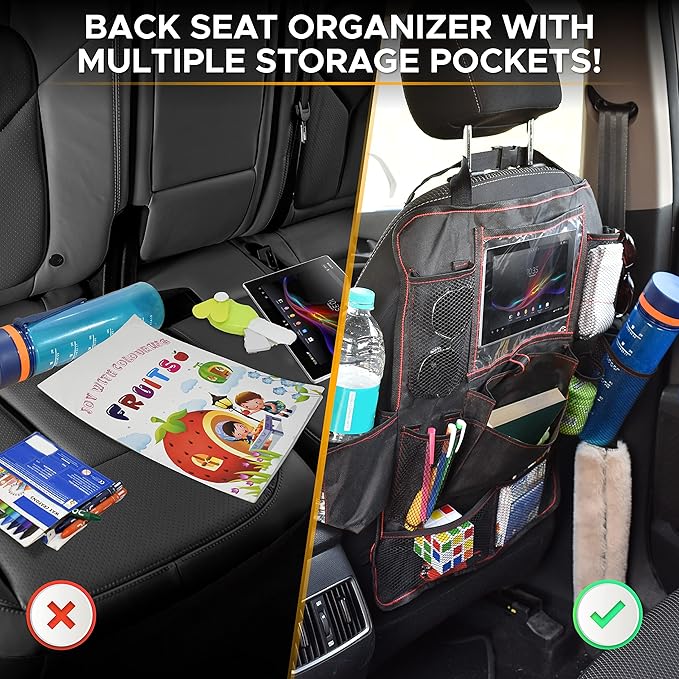 EcoNour Backseat Car Organizer (2 Pack), Heavy Duty Waterproof Stain Resistant Kick Mats Back seat Protector For Kids | Multiple Storage Pockets, Travel Accessories, Touchable Tablet Holder