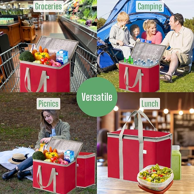 VENO 3 Pack Cooler Bag and Insulated Grocery Bags for Food Delivery, Collapsible Cooler, Reusable Shopping Bags for Groceries with zipper, Foldable, Heavy-Duty, Stands Upright (Red, 3 Pack)