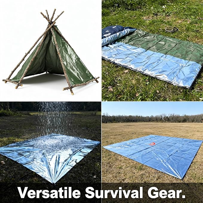 Ruten Double-Sided Green/Silver Thermal Emergency Blanket (4-Pack) - Extra Large 63x82.7 Heavy Duty Mylar Foil Space Blankets for Camping, Car, Hiking, Survival Kits - Windproof & Waterproof