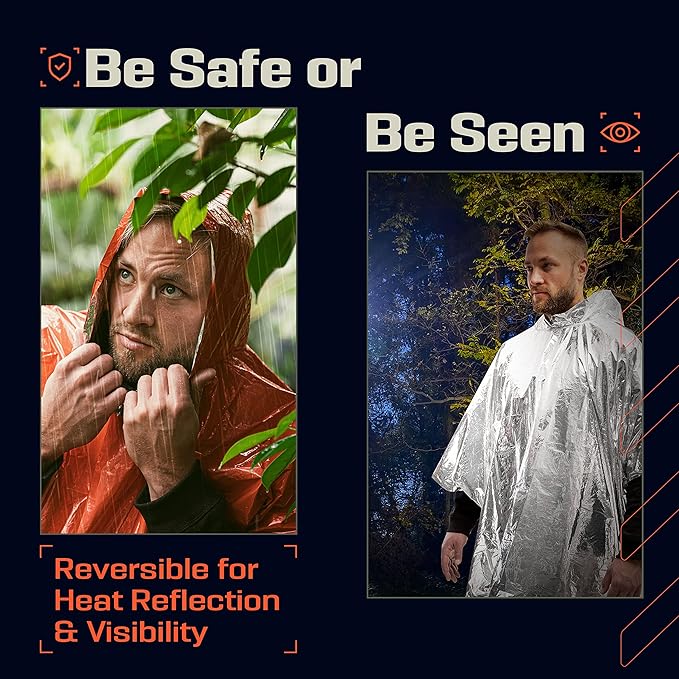 PREPARED4X Emergency Mylar Poncho – Survival Rain Poncho with Hood – Lightweight, Compact, Reusable Emergency Blanket Poncho for Hiking, Camping, Thermal Gear, Car Kit, Outdoors