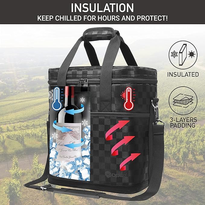 opux 6 Bottle Carrier Tote | Insulated Padded Wine Cooler Bag for Travel. Picnic, BYOB | Portable Leakproof Wine Tote Bag for Dinner, Party, Christmas, Wine Gift for Women, Men (Black Square)