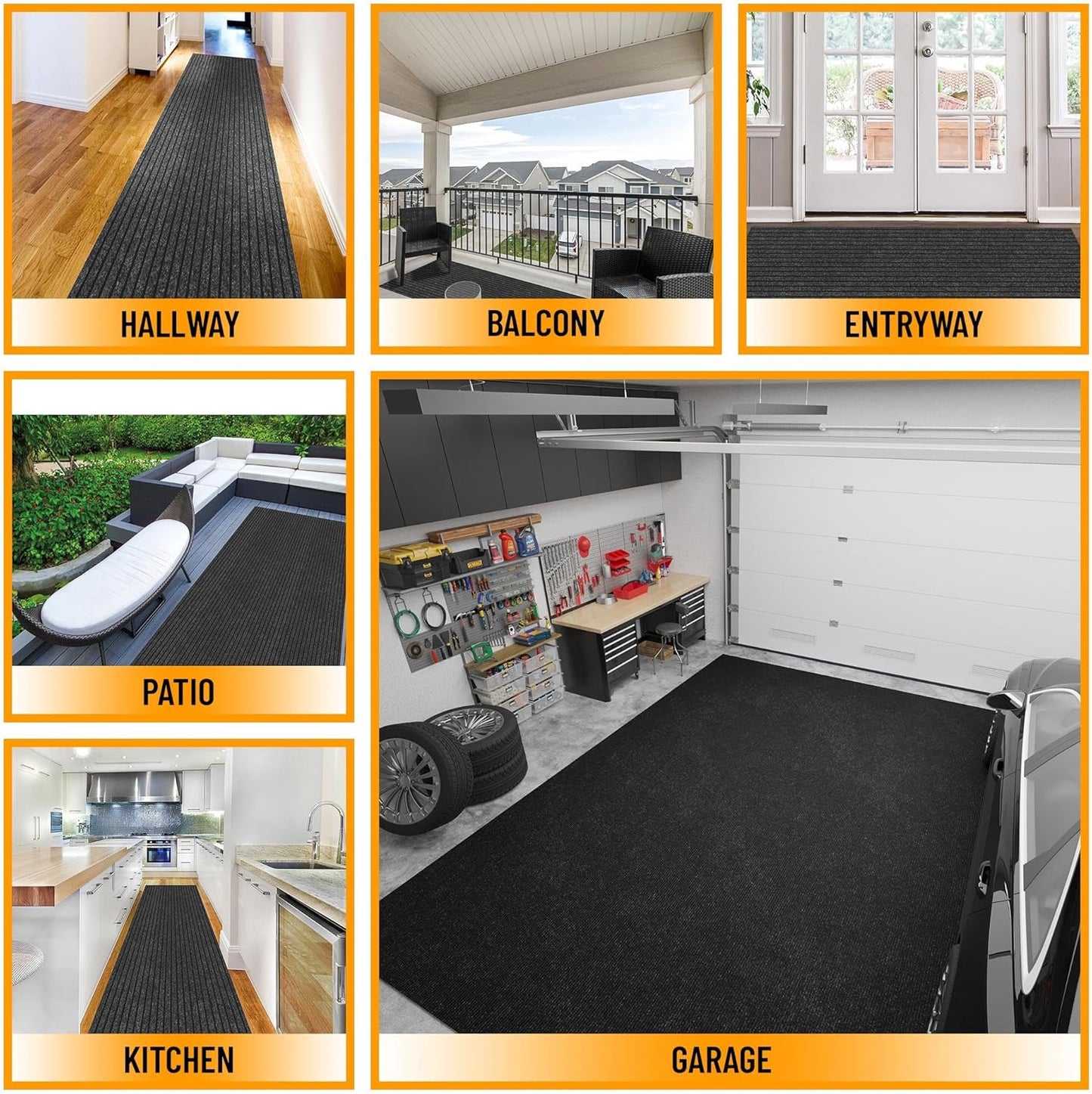Ottomanson 2' x 29' Hallway Runner with Scraper Pile Extra Durable Non-Slip Rug Mat for Indoor & Outdoor Use - Ideal for Kitchen, Entryway, Patio & Garage - High-Traffic Carpet, Black