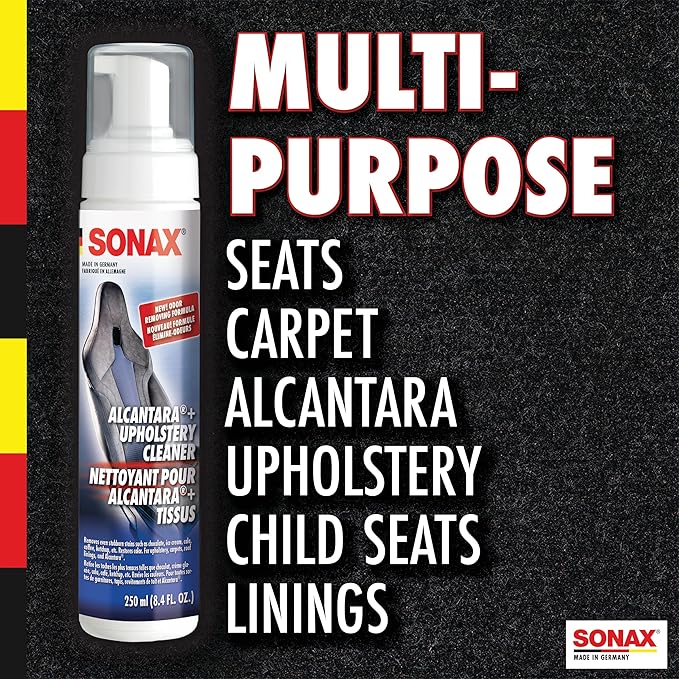 SONAX Upholstery and Alcantara Cleaner (206141), Foaming Alcantara (Synthetic Suede) Cleaning, Dirt and Grime Build-Up Cleaner for Upholstery and Alcantara, 8.45oz, 250 ml