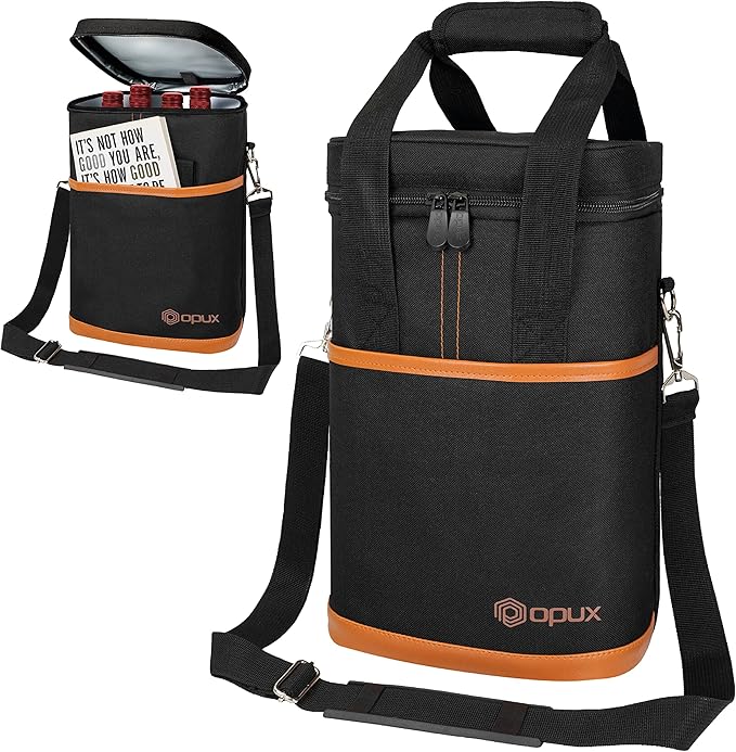 Opux 4 Bottle Insulated Wine Cooler Bag - Leakproof Padded Portable Wine Bottle Carrier for Travel Picnic BYOB Gift (Brown)