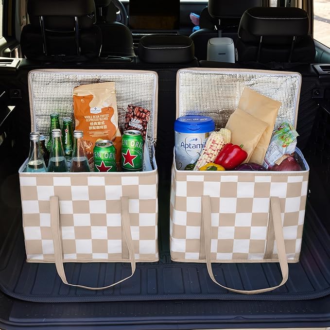 Checkered Insulated Grocery Bags 2 Pack, Checkerboard Cooler Shopping Bags for Groceries, Insulated Bags for Food Delivery