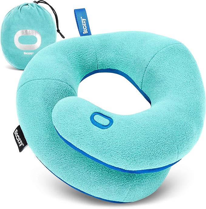 BCOZZY Kids Chin Supporting Travel Pillow for Ages 3–7- Patented Soft Neck Pillow for Head and Chin Support in Car Seat and Airplane. Comfortable Travel Essential. Small Size, Bag, Light Blue