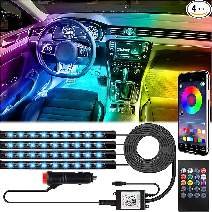 Car Interior Lights, 12V LED Strip Lights with Cigarette Lighter Adapter, Ambient Car Lighting Kit, App & Remote Control Music Sync Color Change Strip Lights for SUVs & Trucks (48LED Beads)