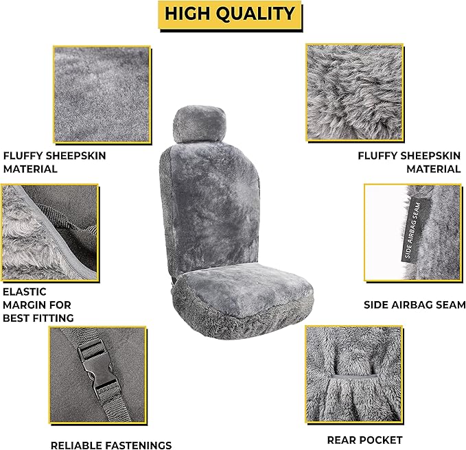 ZONETECH Sheepskin Seat Covers Fuzzy Car Seat Covers Grey Australian Merino Wool Fluffy Fur Auto Accessories All Season Protection for Your Seats Universal Fits Most Car SUV Airbag Compatible