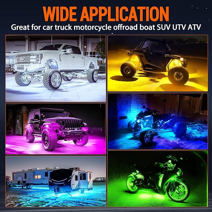 RGB Rock Lights, 16 pods Underglow Neon Lights Kits，APP/RF Remote Control & Music Mode, Waterproof Wireless Multicolor Lamps for Off Road Truck SUV ATV UTV Boat