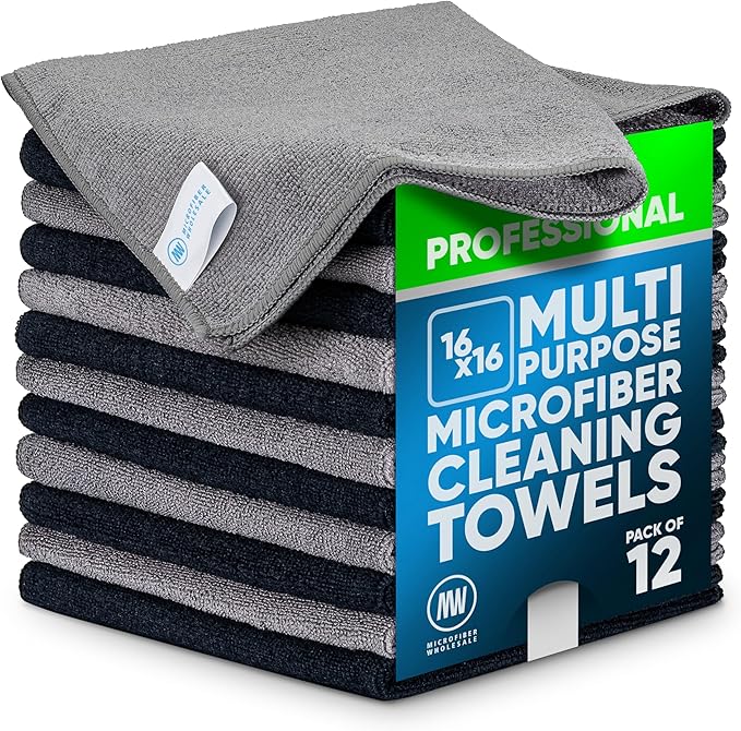 MW Pro Microfiber Cleaning Cloth | Black Gray | 12 Pack | 16” x 16” | All Purpose Microfiber Towels - Clean, Dust, Polish, Scrub, Absorbent