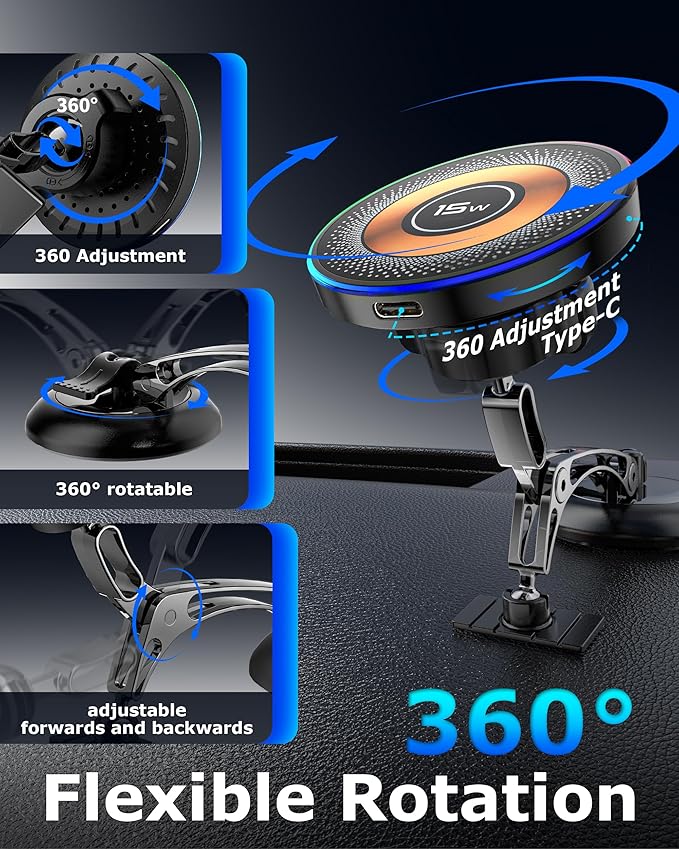 ZBF Magnetic Wireless Charging Car Phone Holder with 15W Fast Charging & Strong Vacuum Suction, 360° Rotatable Dashboard & Windshield Mount for Magsafe iPhone 17/16/15/14/13 Android Galaxy S24/S23/S22