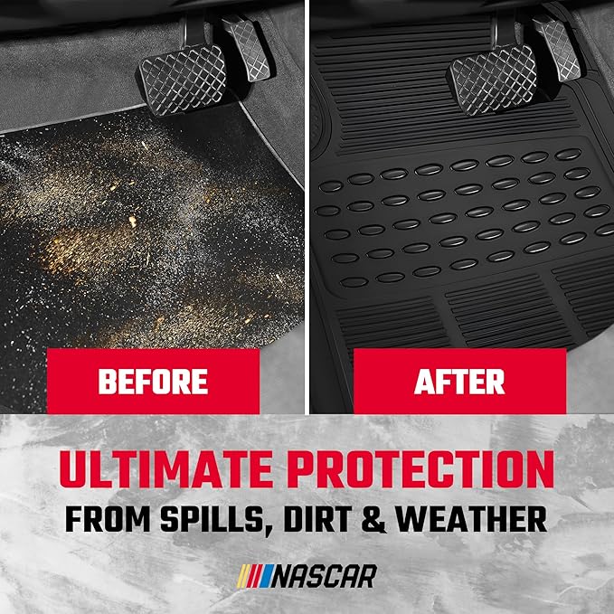 NASCAR Premium Car Floor Mats - 4-Piece Set | Heavy Duty All-Weather Rubber | Universal Trim-to-Fit for Cars, Trucks & SUVs | Traps Dirt, Snow & Water | Black Floor Mats
