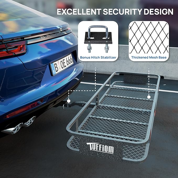TUFFIOM Folding 500lbs Steel Hitch Mount Basket Cargo Carrier, 60"x20"x6" Trailer Hitch Cargo Carrier Luggage Rack w/Net, Waterproof Cargo Bag, 4 Straps & Stabilizer for SUV Car Truck Van