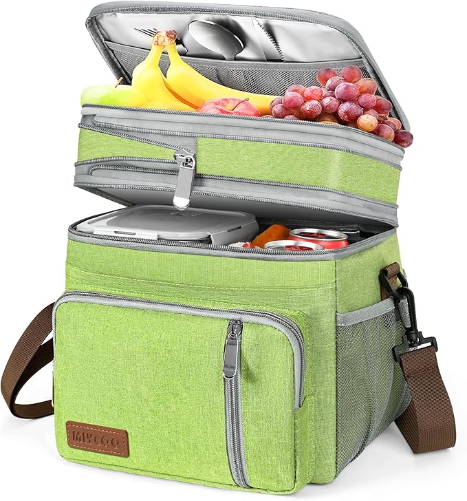 MIYCOO Lunch Bag & Lunch Box for Women Men, Double Deck Leakproof Insulated Soft Large Adult Camping Cooler bag for Work, Beach, Picnic, Travel (Green, 15L)