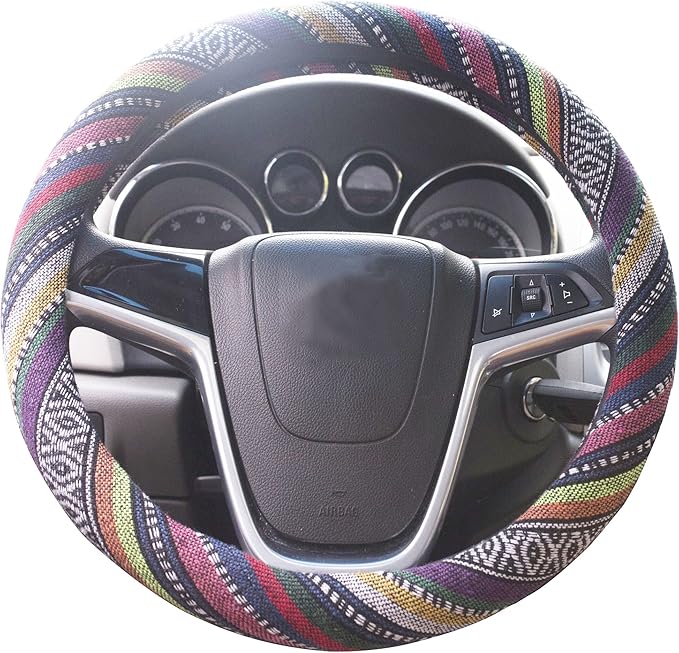 Small Ethnic Style Coarse Flax Cloth Automotive Steering Wheel Cover Anti Slip and Sweat Absorption Auto Car Wrap Cover (14''-14.25, B)