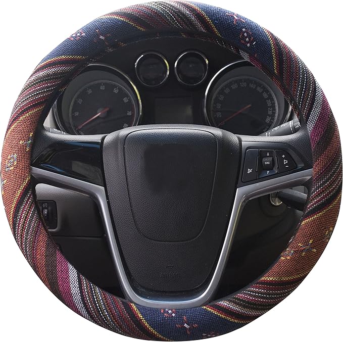 Small Ethnic Style Coarse Flax Cloth Automotive Steering Wheel Cover Anti Slip and Sweat Absorption Auto Car Wrap Cover (14''-14.25, F)