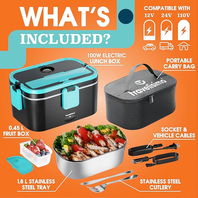 TRAVELISIMO Extra-Large Electric Lunch Box For Adults Holds up to 8 Cups - 100W Heated Lunch Box For Men 1.8L, Portable Food Warmer for Travel & Work, Loncheras Electricas Para Calentar Almuerzo