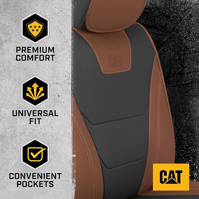 Cat® Edge Deluxe Faux Leather Car Seat Covers – Full Set (2 Front + 1 Rear Bench) – Semi-Custom Universal Fit, Two-Tone Black – Rugged Automotive Interior Covers for Cars, Trucks & SUVs