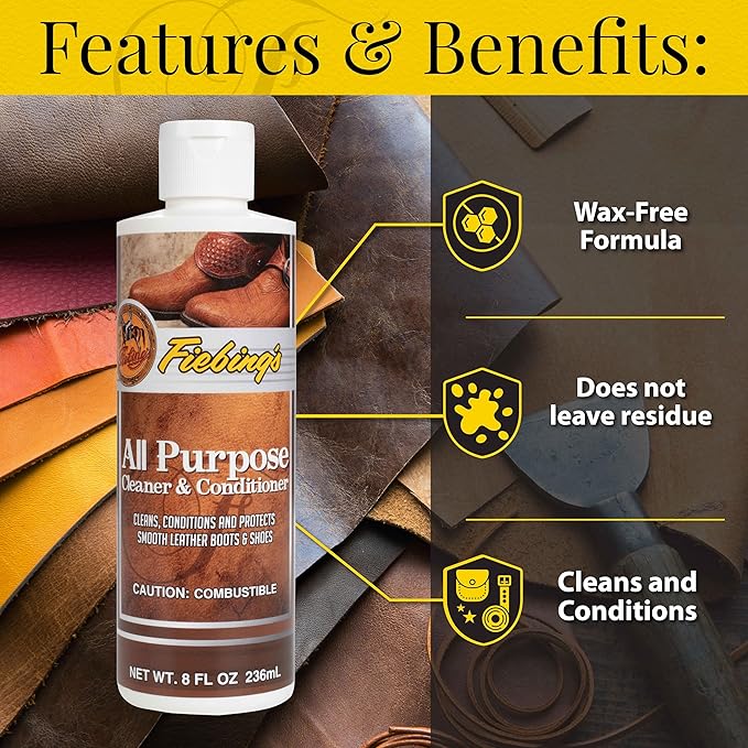 Fiebing's Leather Cleaner & Conditioner (8 oz) - All Purpose Wax-Free Color Safe Formula Protects & Strengthens All Leather - Prevents Molding, Cracking, Water Spots & Salt Stains on Car, Shoe, Purse