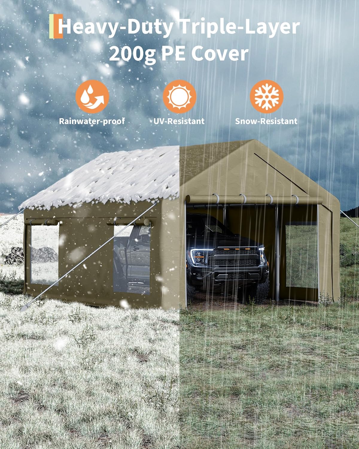 10x20 Ft Carport, Car Port with 200g PE Tarp, Roll-Up Doors, and 4 Windows, for Sedans, Bass Boats, Motos, ATVs, and SUVs, Khaki