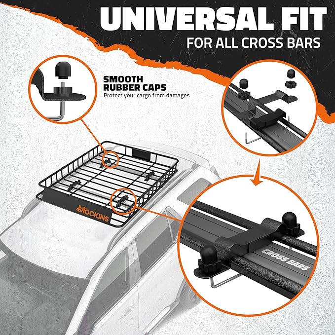 Mockins 50"x36"x4.5" Extendable Car Rooftop Cargo Carrier Rack | 250 Lbs. Capacity Weatherproof Steel Universal Roof Rack Basket | Heavy Duty Car Roof Cargo Carrier Set w/Ratchet Straps & Bungee Net