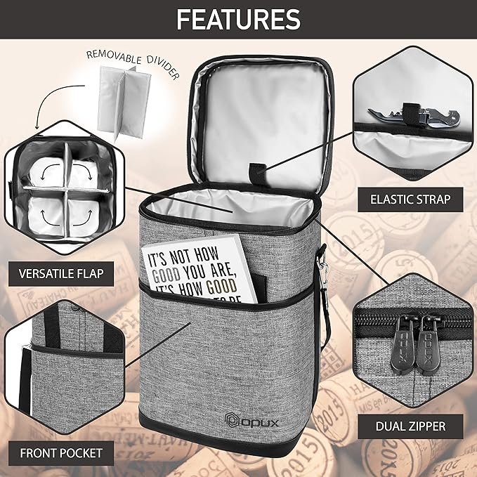 Opux 4 Bottle Insulated Wine Cooler Bag - Leakproof Padded Portable Wine Bottle Tote for Travel Picnic BYOB - Heather Gray