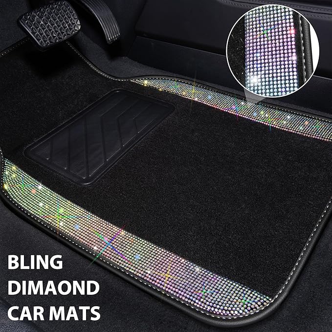 CAR PASS Iridescent Bling Rhinestones Diamond Car Floor Mats Waterproof, Anti-Slip PVC Heel Pad, Universal for Automotive SUV,Sedan,Van,4pcs Girl Women Lady Sparkly Shining Multicolor Colorful Crystal
