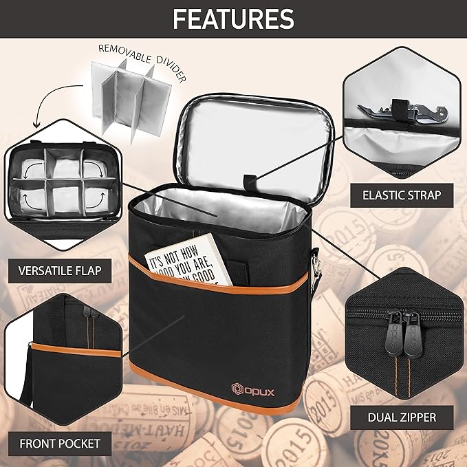 opux 6 Bottle Carrier Tote | Insulated Padded Wine Cooler Bag for Travel. Picnic, BYOB | Portable Leakproof Wine Tote Bag for Dinner, Party, Christmas, Wine Gift for Women, Men (Brown)