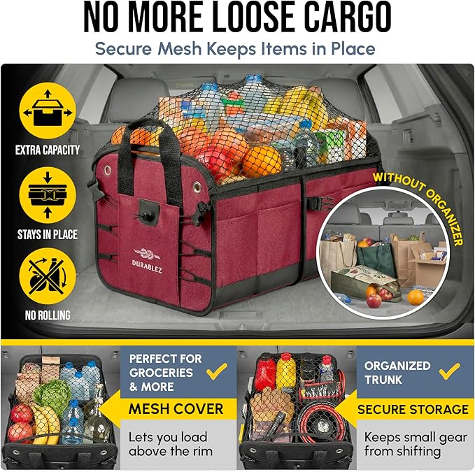 XL Trunk Organizer 3-Section for SUV, Truck, Sedan, Van – Modular L-Shape Car Storage Box, Collapsible Auto Cargo Organizer with Dividers – Cherry
