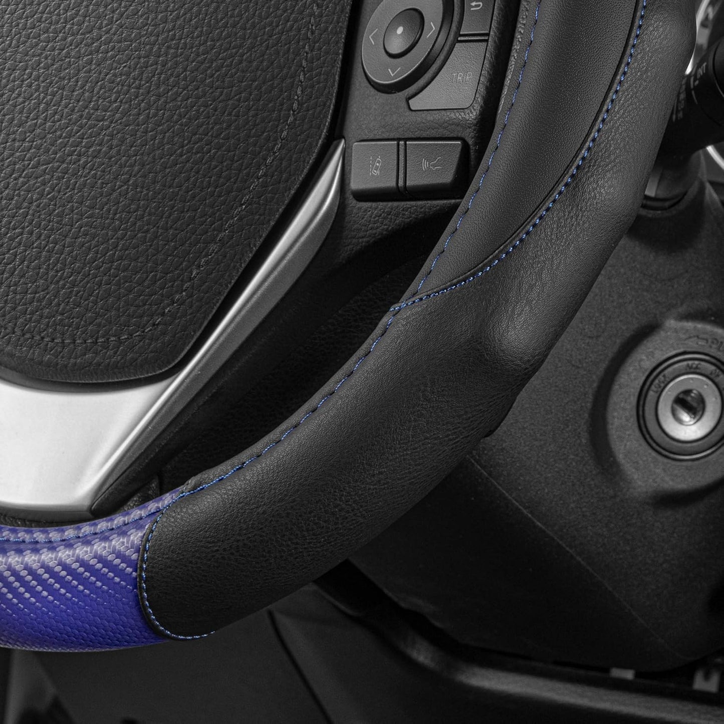 Motor Trend GripDrive Carbon Fiber Steering Wheel Cover, Non-Slip Sporty Racing Faux Leather Ergonomic Comfortable Handle, Steering Wheel Cover for Cars Trucks Vans SUV - Fits Standard 15 Inch - Blue