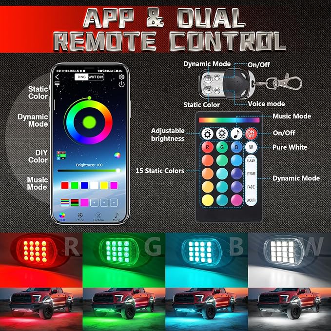 8 Pods RGBW LED Rock Lights for Jeeps Truck Off Road ATV UTV Golf Cart RZR SXS, Waterproof Multicolor Neon Underglow Kit with APP/RF Remote Control&Brake Red Function,12V Pure White Underbody Lights