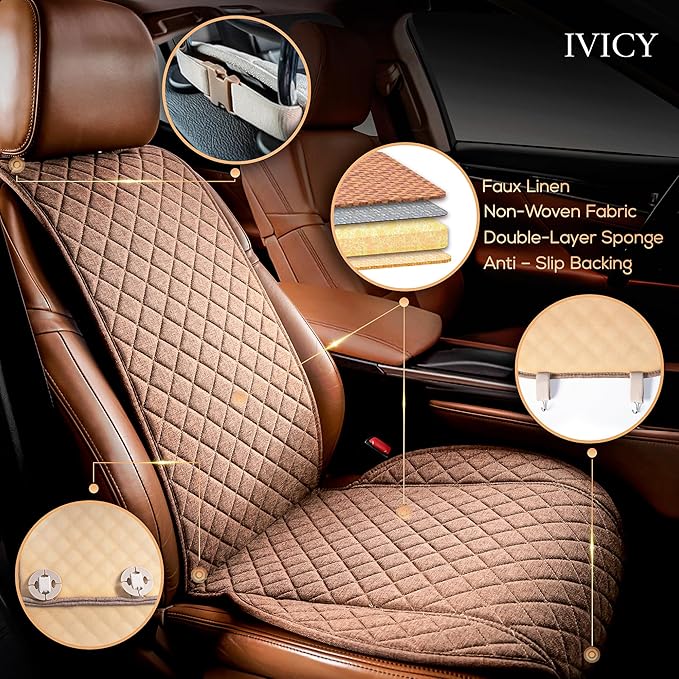 IVICY Faux Linen Front Car Seat Cover – Durable, Non-Slip Seat Protector for Cars – 1 Unit, Light Brown