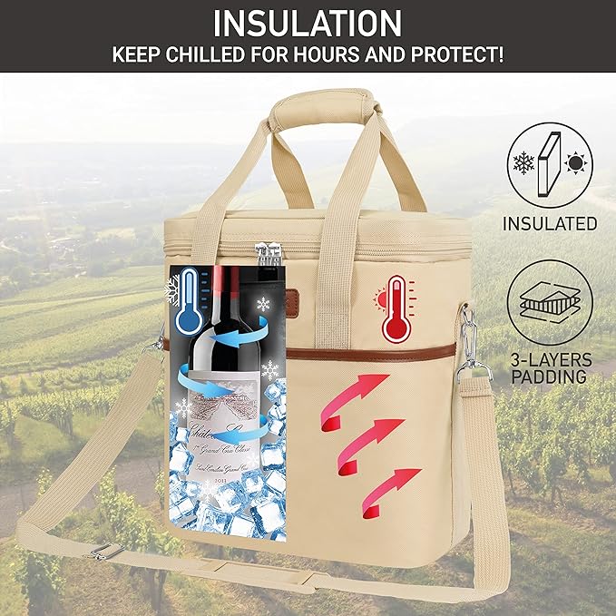 Opux 6 Bottle Carrier Tote | Insulated Padded Cooler Bag for Travel, Picnic, BYOB | Portable Leakproof Wine Tote for Dinner, Party, Christmas, Gift for Women, Men (Cream Beige)