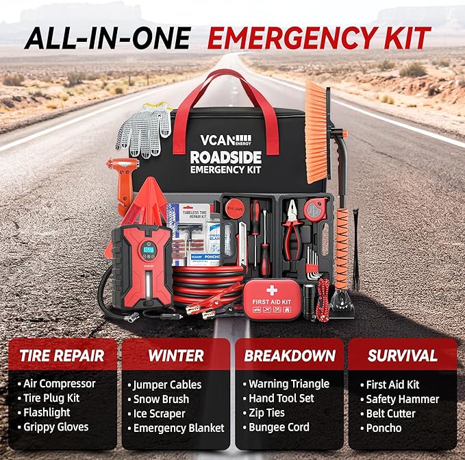Car Emergency Safety Kit Bag with Portable Air Compressor, Jumper Cables,First Aid Kit, Winter Vehicle Roadside Emergency Kit with Snow Brush and Ice Scraper, for Women, Men, Teen