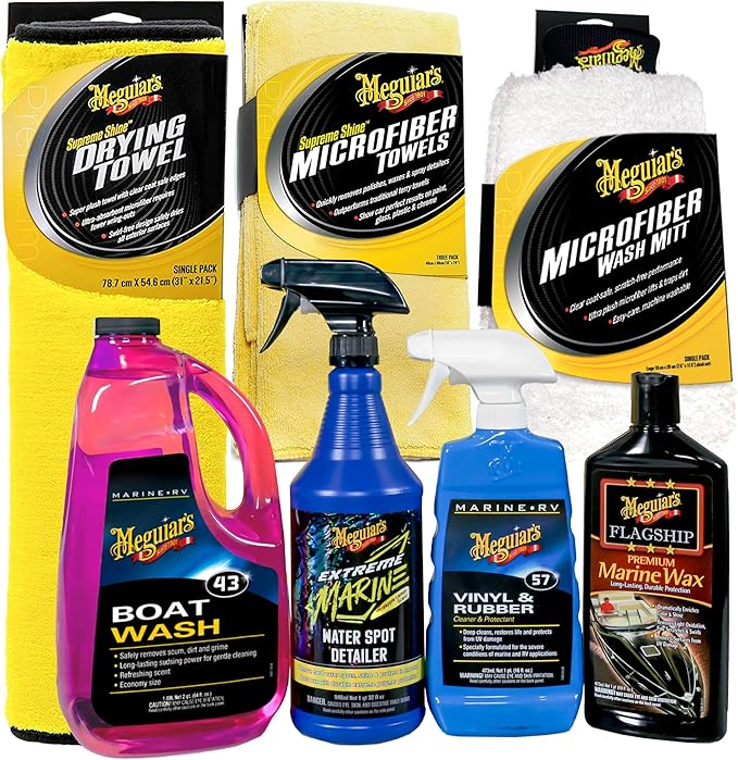 Meguiar's Boat & RV Wash & Wax Starter Kit - The Perfect Detailing Kit For Boats & RVs - Includes Wash, Wax, Water Spot Remover, Vinyl & Rubber Detailer and Cleaning Accessories