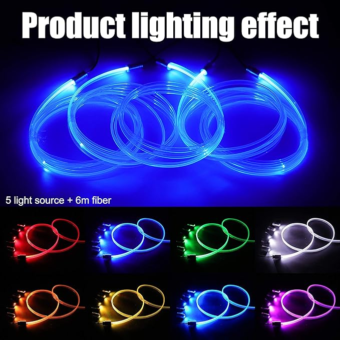 Car Interior Strip Lights, 5 in 1 Multicolor RGB Car Ambient Lighting Kit, 6m Fiber Optic EL Neon Tube Light, DIY Mode Music Sync RF Remote Control DC 12V