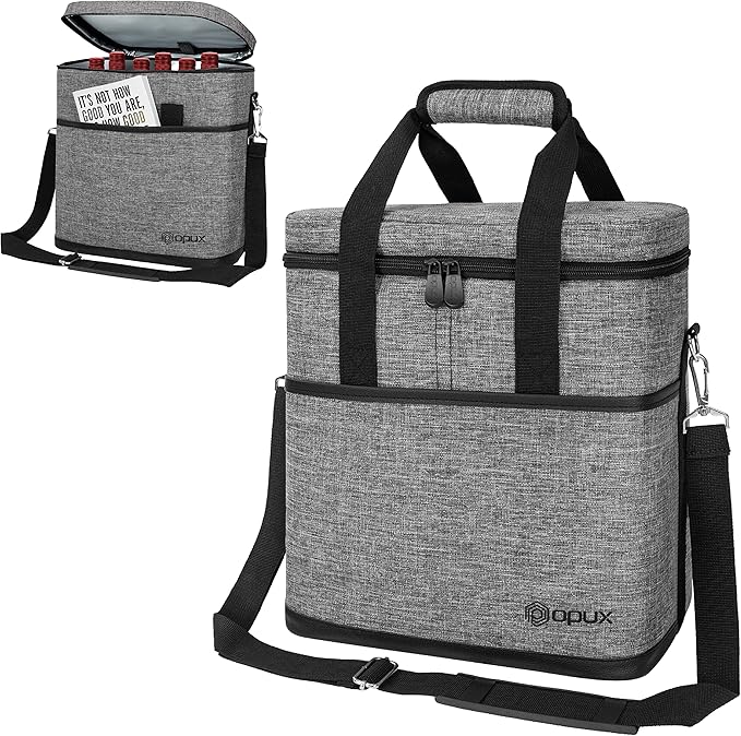 opux 6 Bottle Carrier Tote | Insulated Padded Wine Cooler Bag for Travel. Picnic, BYOB | Portable Leakproof Wine Tote Bag for Dinner, Party, Christmas, Wine Gift for Women, Men (Heather Gray)