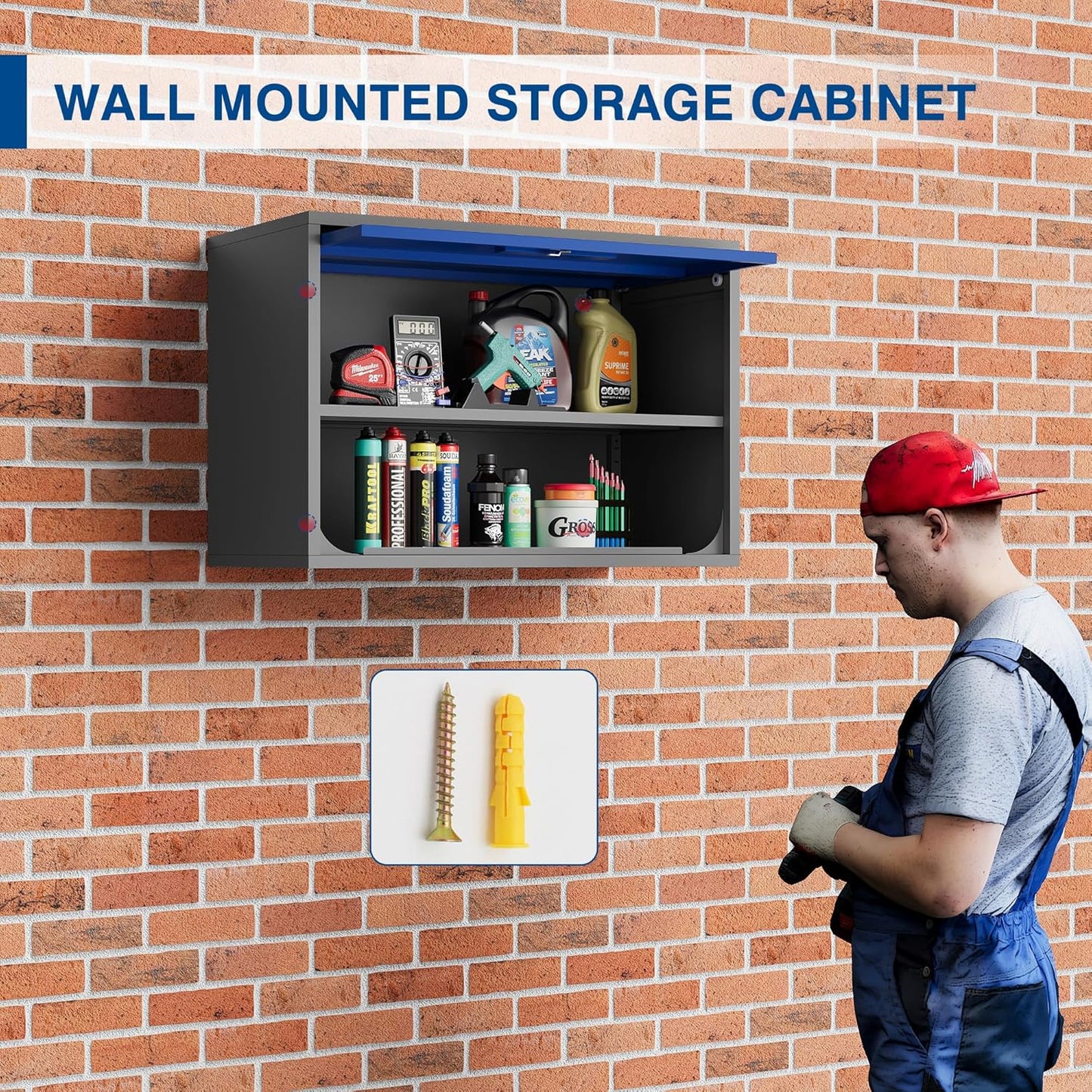 Metal Storage Cabinet Blue&Gray Wall Cabinets with Shelf and Locking Door - Wall Mounted Storage Cabinet for Garage Warehouse Home Office - Assembly Required