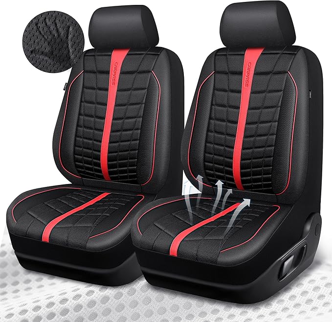 CAR PASS Leather Air Mesh Seat Covers for Cars, 3D Foam Leather Car Seat Cover Front Seats, Breathable Premium Mesh Leather Front Seat Covers, Universal Fit for Cars,Trucks,Sedan,SUV, Black Red