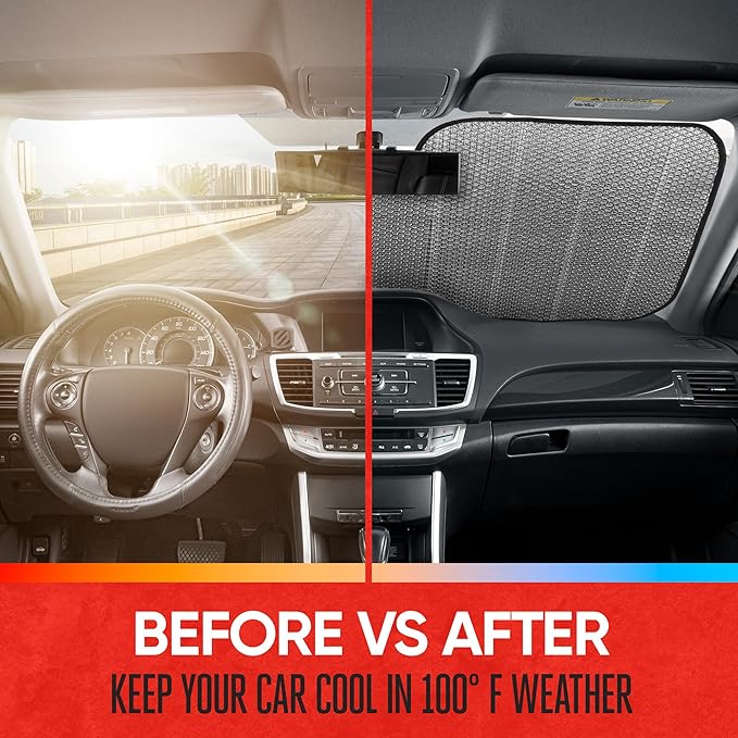 Motor Trend Black Accordion Folding Car Windshield Sun Shade - Blackout Sun Visor for Car Windshield - Foldable Jumbo Sunshade and Front Window Truck Sun Screen for UV Sun Protection - 66 x 27