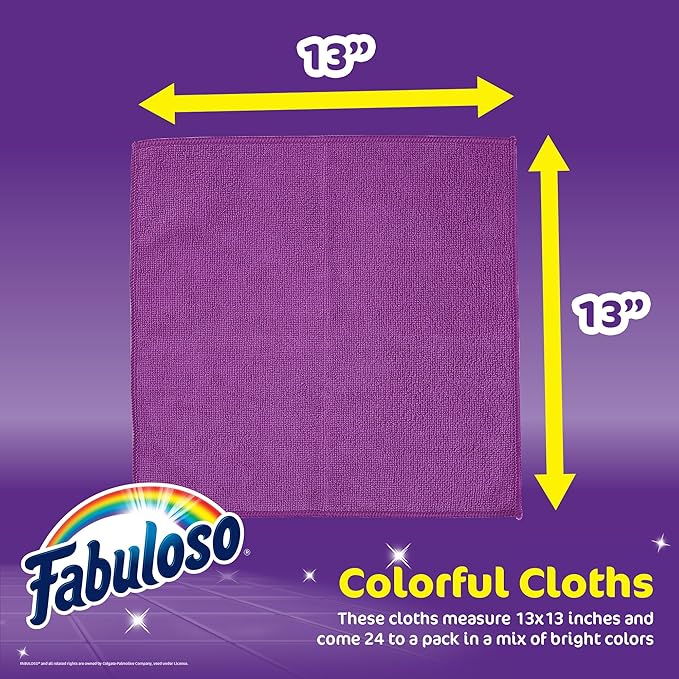 Fabuloso Microfiber Cleaning Cloths for Home & Car, Lint-Free Scratch-Free Rags for Glass, Kitchen & Wood, Reusable Machine Washable, Absorbent for Dusting & Wiping, Rainbow, 13 x 13 in, 12 Count